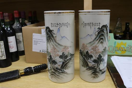 A pair of Chinese Republic period enamelled porcelain brush pots height 28.5cm